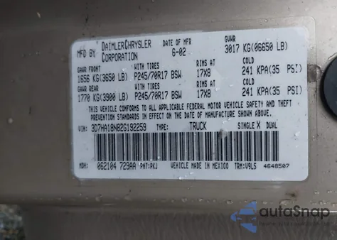 2002 Dodge Ram 1500 St из США, поврежденный, VIN 3D7HA18N82G192259